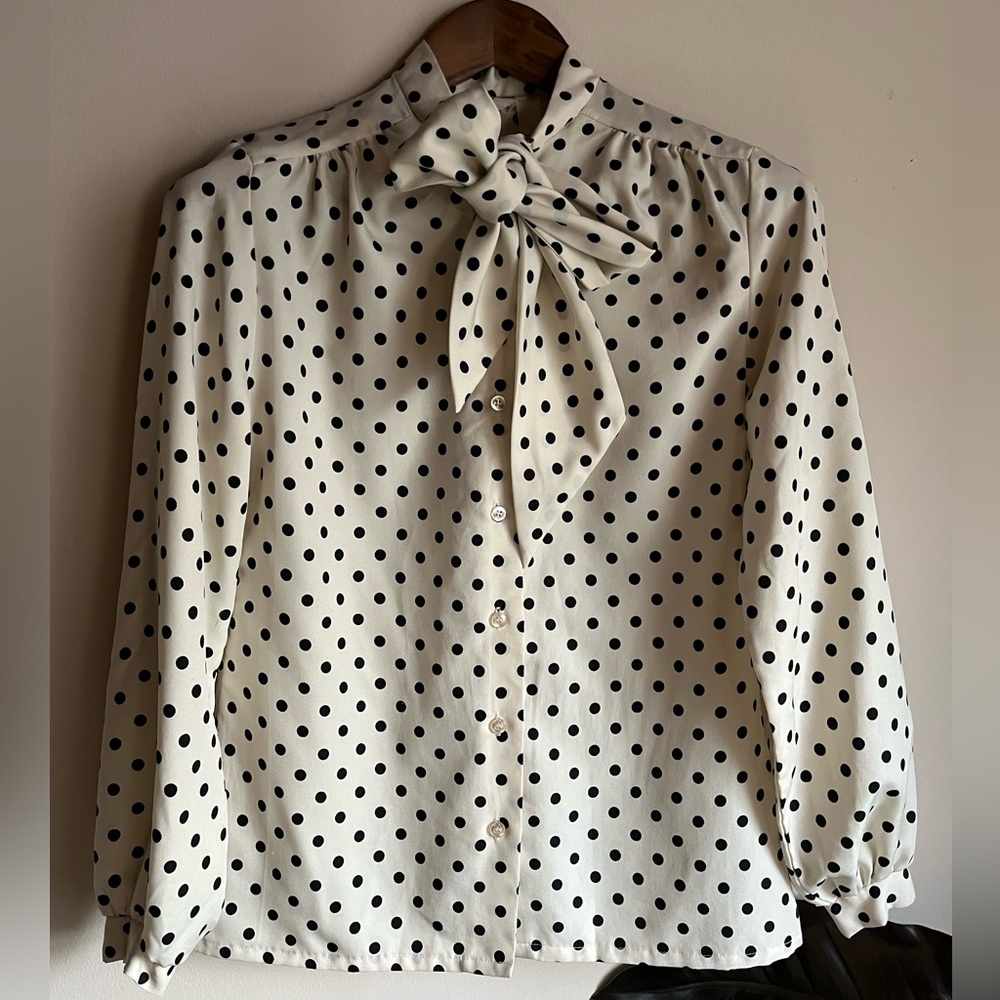 Vintage black and white polka dot pussycat bow secretary blouse